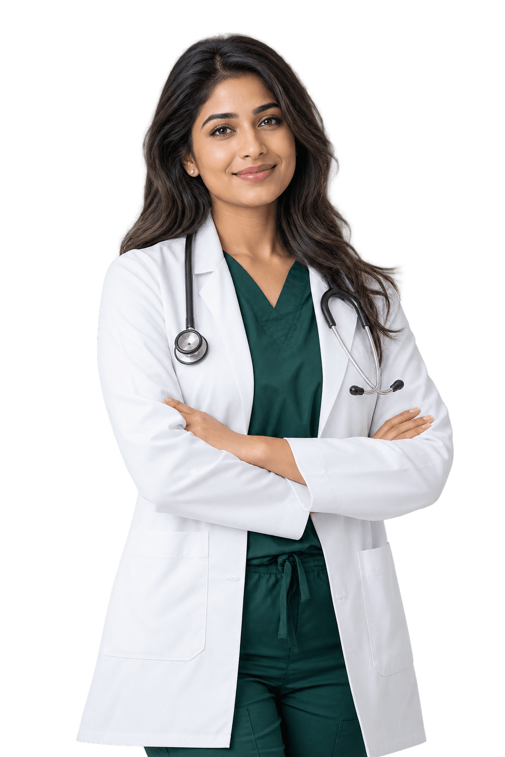 Physician in a white coat and green scrubs